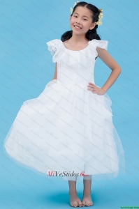 Blanca una línea primicia tobillo-longitud de encaje de tul vestido de niña de las flores