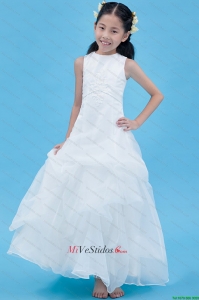 Blanca una línea primicia tobillo-longitud Organza Apliques Flor vestido de niña