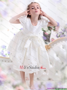 Blanca de la cucharada 2015 vestido de niña de flores con Bowknot y Cap mangas