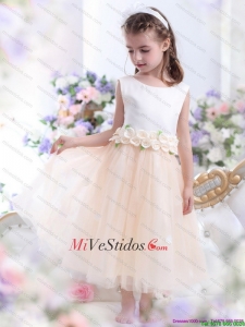 2015 vestido de niña de la flor blanca con pretina y flores hechas a mano
