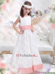 Blanca de la cucharada 2015 vestido de niña de flores con la pretina de Pink