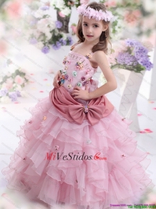 Vestido de niña de la flor de Rose rosada con Hand Made Flores y capas rizadas