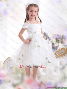 Gorgeous correas espaguetis Blanca 2015 vestido de niña de las flores con Hand Made Flores