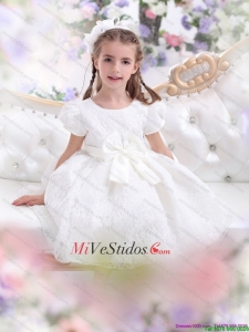 Encaje 2015 vestido de niña de la flor blanca con mangas cortas y bowknot