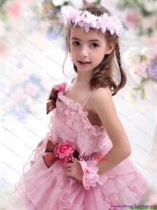 2015 vestido del bebé rosado de las flores con Hand Made Flores y Ruffles