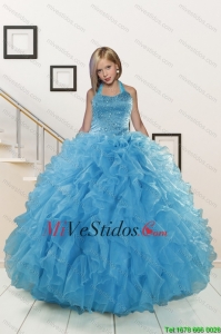 2015 vestido de niña Exclusivo rebordear y Ruffles Aqua Blue Flower