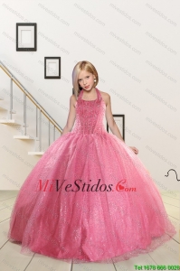Top rebordear Vendedor y vestido de niña de las flores lentejuelas rosa de bebé para 2015 Primavera