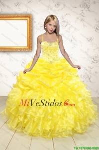 Beand Nueva rebordear y Ruffles 2015 vestido de niña de las flores en amarillo