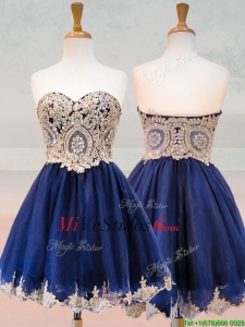 Moda apliques de organza con apliques vestido de dama en azul real
