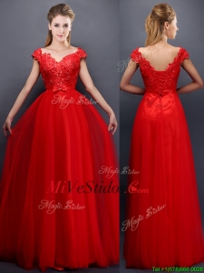 Clásica con cuentas cuello en V vestido de dama de honor rojo con mangas casquillo