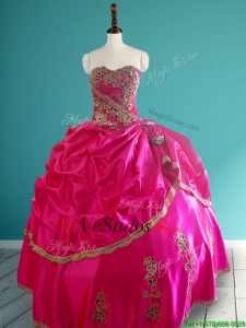 Vestido rosado popular caliente de Quinceanera con las recolecciones y apliques