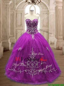 Tul vestido de quinceañera púrpura romántica apliques berenjena con cepillo tren