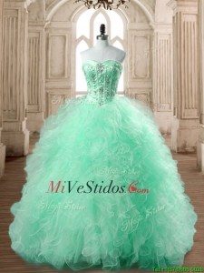 Grandes populares hinchada de vestido de quinceañera manzana verde con listones y volantes