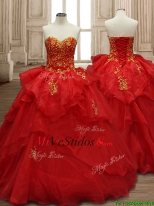 Apliques clásica y volante capas de Organdí vestido de quinceañera en rojo