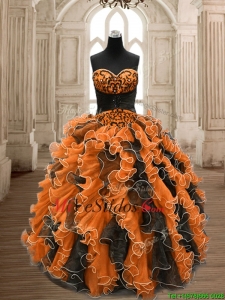 Perfecto Naranja y Negro vestido dulce 16 con listones y volantes