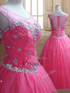 Ver a través el vestido de la cucharada de rosa rosa quinceañera con rebordear