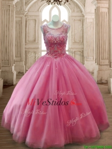 Vestido de quinceañera de moda de la cucharada de rosa rosa de tul con apliques