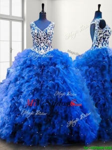 Populares cuello en V rebordear y vestido de volantes del dulce 16 en azul real