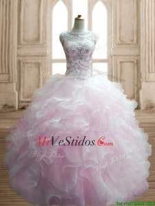 Preciosa con cuentas y rizado de la cucharada de vestido de quinceañera en rosa claro