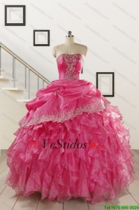 2016 Apliques bonitas y Volantes Quinceañera Vestidos en rosa fuerte