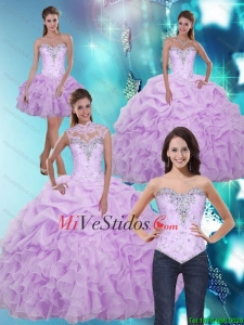 2015 Últimas Sweetheart Vestidos de quinceañera con Volantes Bordoneado y Volantes