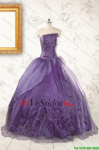2015 Descuento púrpuras sin tirantes Apliques Vestidos de quinceañera
