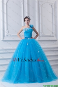 Princesa Un sólo hombro Apliques Cielo Azul 2014 Vestido de Quinceanera