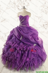 Romántica balón vestido púrpura 2015 vestido de quinceañera con Volantes Apliques y Volantes