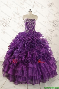 Púrpura sin tirantes 2015 vestido de quinceañera con apliques