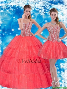 2016 Gorgeous cuentas capas rizadas novio Vestidos de quinceañera en Coral Rojo
