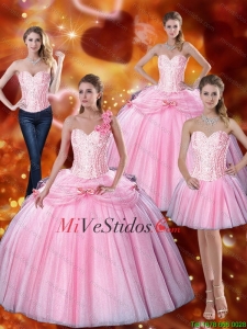 Femenino 2015 novio bowknot Vestidos de quinceañera con rebordear en rosa