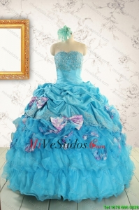 2015 barato Aqua Blue Apliques Vestidos de quinceañera con apliques