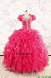 2015 color de rosa caliente que rebordea los vestidos de quinceañera maravilloso
