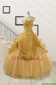 2015 Los más populares Sweetheart lentejuelas Vestidos de quinceañera en oro