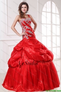 Un hombro Organza vestido rojo largo Quinceañera con apliques