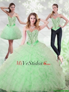 2015 rebordear moda y Ruffles cariño vestido de quinceañera en Verde Manzana