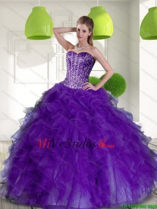 Nuevo estilo rebordear y Volantes novio2015 Vestidos de quinceañera en púrpura
