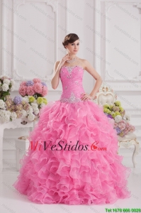 Balón vestido de novia de organdí de partida Volantes Rosa Rosa vestido de quinceañera