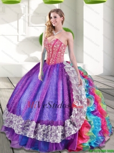 Hermoso cariño rebordear y Ruffles 2015 Vestidos de quinceañera en Multi Color