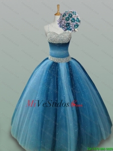 2015 Romántica tirantes finos con cuentas vestidos de quinceañera en tul