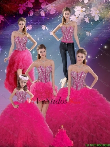 Desmontable rebordeado amor y volantes maravillosos vestidos de quinceañera en rosa fuerte