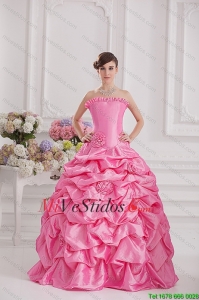 Vestido de bola sin tirantes de Pick-ups Rosa Rosa vestido de quinceañera rosado con Hand Made Flores