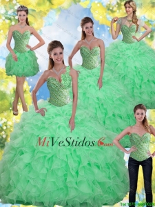 2015 populares rebordear y Ruffles manzana verde Vestidos de quinceañera con cariño