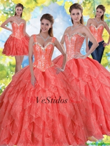 2015 rebordear elegante y Volantes Dulces Dieciséis vestidos en Coral Rojo