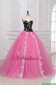 Rebordear y apliques de novia vestido de quinceañera en Negro y rosa ros