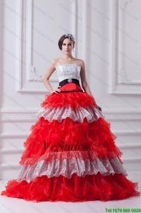 Capas elegante princesa sin tirantes de partida Ruflled vestido de quinceañera Rojo en 2016