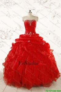 2015 vestido de bola sin tirantes de partida y Volantes Rojo Dulce 15 vestidos