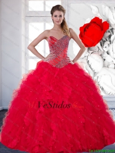 2015 vestido de quinceañera colorido Sweetheart roja con rebordear y Volantes