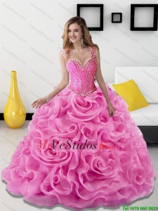 2015 maravilloso acc y los Rolling Flores Rose Pink dulce 15 vestidos
