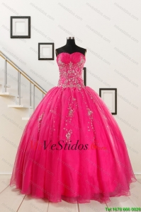 2015 Bastante novia de rosa caliente Vestidos de quinceañera con rebordear